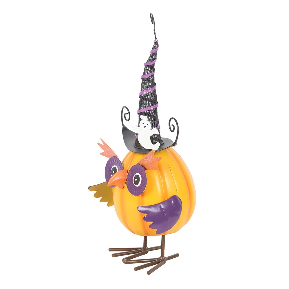 Something Different - Orange Metal Owl Ornament with Witch Hat and Ghost Gartenfigur - Mehrfarben
